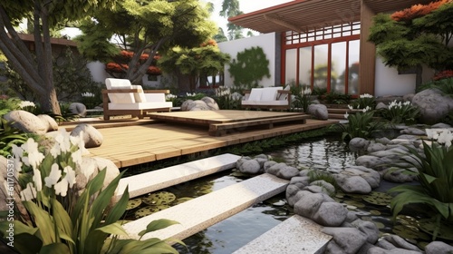 Contemporary Asian Style Patio with Water Feature and Zen Garden. Generative AI.