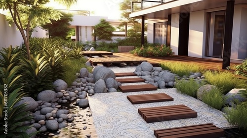 Contemporary Asian Style Patio with Water Feature and Zen Garden. Generative AI. © bomoge.pl