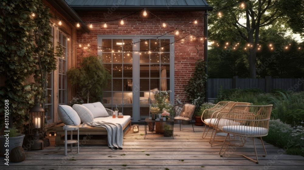 Cozy Farmhouse Style Patio with Brick Flooring and String Lights. Generative AI.