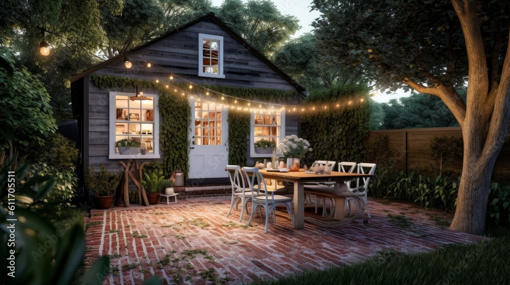 Cozy Farmhouse Style Patio with Brick Flooring and String Lights. Generative AI.