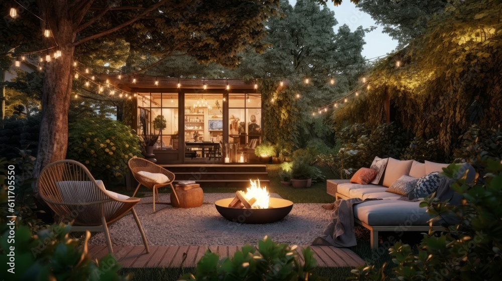 Cozy Fire Pit Area with Outdoor Seating and String Lights. Generative AI.