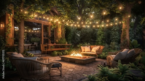 Cozy Fire Pit Area with Outdoor Seating and String Lights. Generative AI.