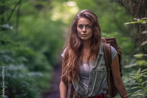 Young Woman Hiking in woods Generative AI