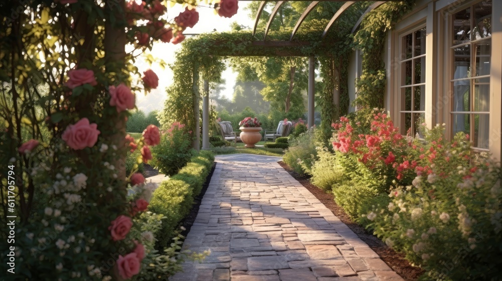 English Garden Style Patio with Rose Arbor and Stone Path. Generative AI. English Garden Style Patio with Rose Arbor and Stone Path. Generative AI.