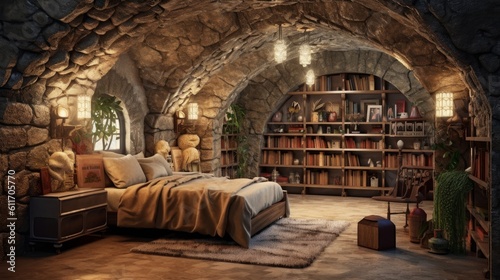 Enchanted underground bunker with fairy tale bedroom and library. Generative AI.