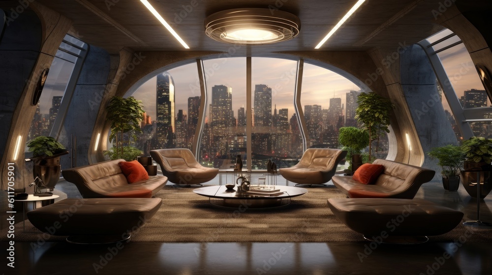 Fototapeta premium Futuristic cityscape underground bunker with lounge area and terrace. Generative AI.