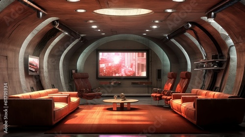 Futuristic underground bunker with high-tech gadgets and media room. Generative AI.
