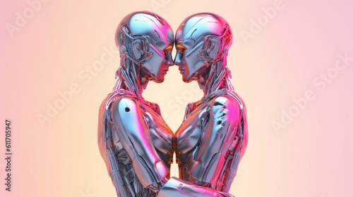 Gay Robot Couple Embracing Each Other. Generative AI.