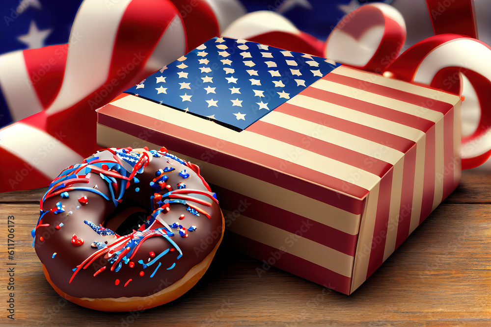 Obraz premium Top view of cupcakes on plate with american flags and statue of liberty. Generative Ai