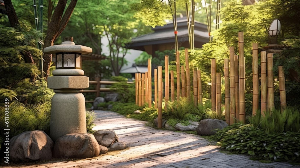 Japanese Zen Garden Patio with Bamboo Fence and Stone Lanterns. Generative AI.