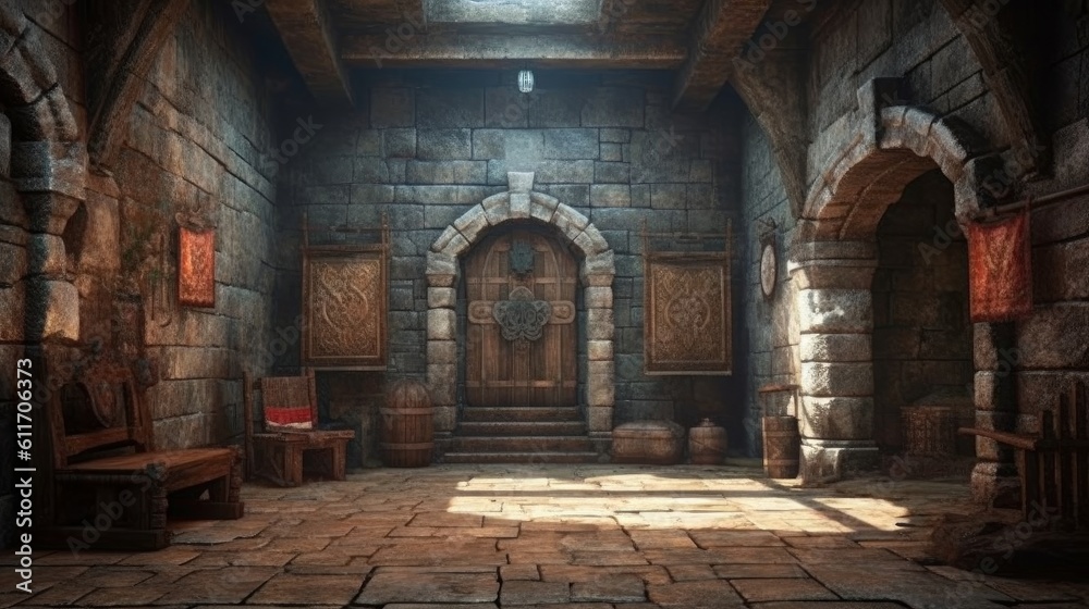 Medieval underground bunker with throne room and armory. Generative AI ...