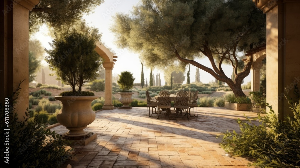 Mediterranean Style Patio with Stone Columns and Olive Trees. Generative AI. Mediterranean Style Patio with Stone Columns and Olive Trees. Generative AI.