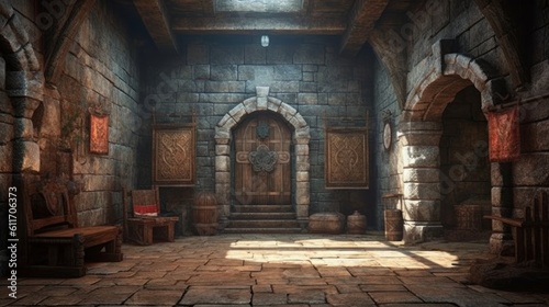 Medieval underground bunker with throne room and armory. Generative AI. photo