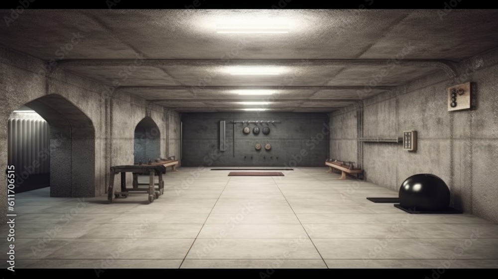 Minimalist underground bunker with bedroom and bathroom. Generative AI. Minimalist underground bunker with bedroom and bathroom. Generative AI.