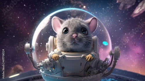 Fototapeta Naklejka Na Ścianę i Meble -  A curious chinchilla peeking out of a mini spaceship, exploring an outer space scene with stars, planets, and a tiny astronaut helmet - Generative ai