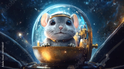 A curious chinchilla peeking out of a mini spaceship, exploring an outer space scene with stars, planets, and a tiny astronaut helmet - Generative ai photo