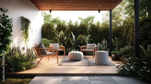 Modern Covered Patio with Sleek Furniture and Potted Plants. Generative AI. © bomoge.pl