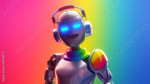 Playful Gay Robot Waving Rainbow Flag. Generative AI.