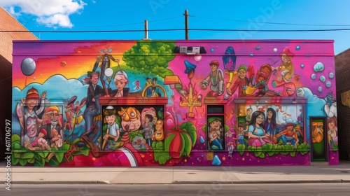 Playful LGBTQ Pride Mural with Cartoon Characters and Whimsical Details. Generative AI.