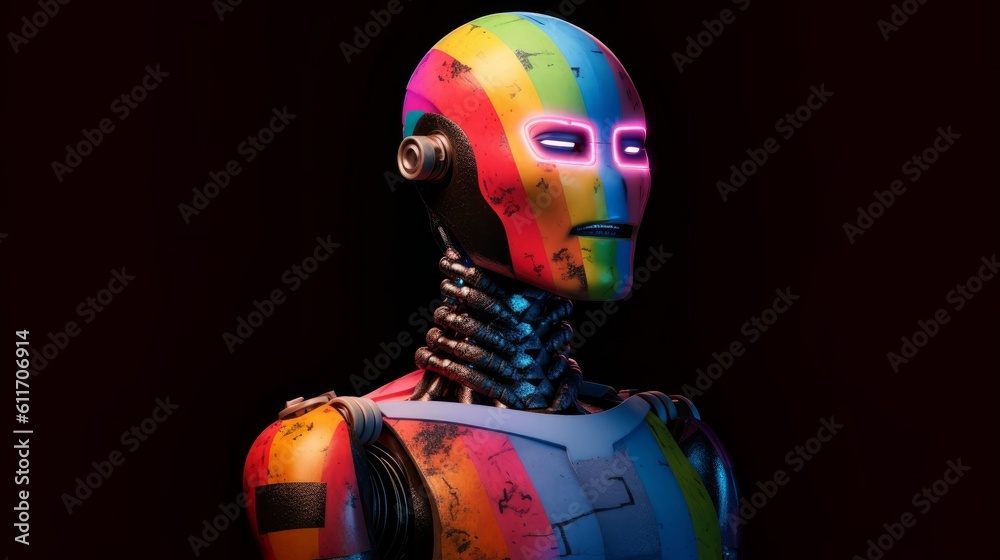 Prideful Gay Robot Showing Off LGBTQ+ Flag Tattoo. Generative AI.