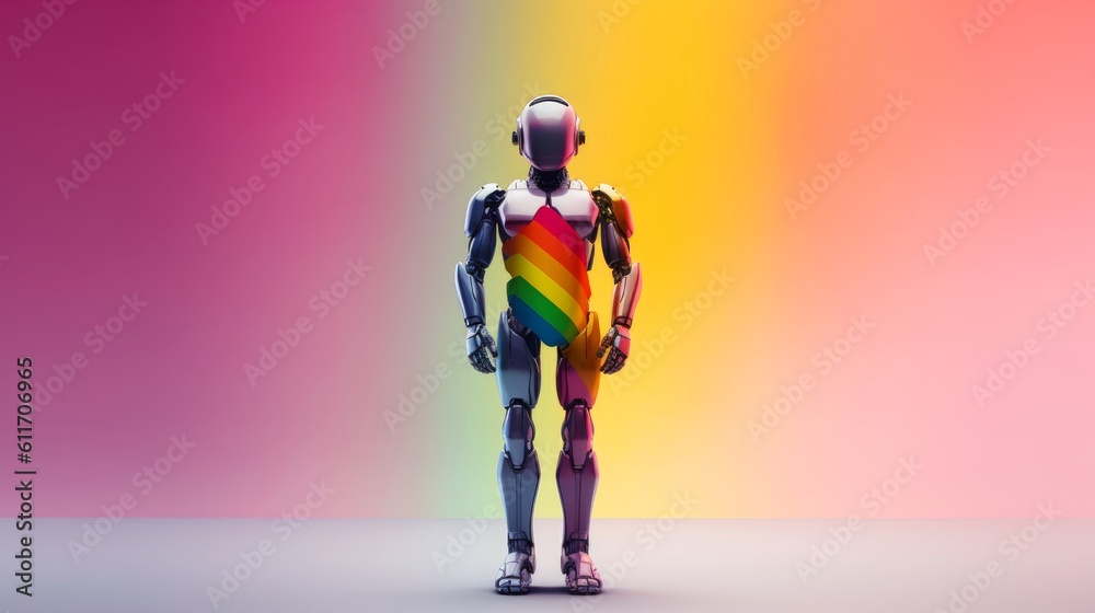 Proud Gay Robot Standing with Rainbow Flag. Generative AI. Proud Gay Robot Standing with Rainbow Flag. Generative AI.