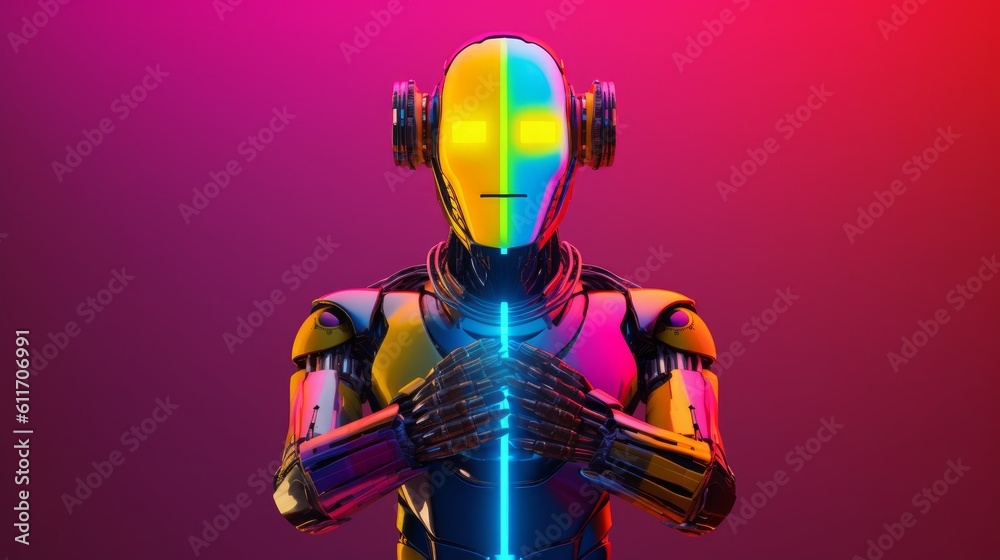 Naklejka premium Proud Gay Robot Displaying LGBTQ+ Pride Symbols. Generative AI.