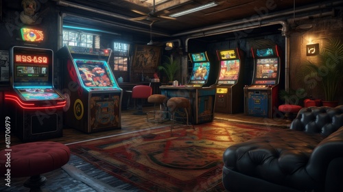 Retro underground bunker with vintage arcade and jukebox. Generative AI.