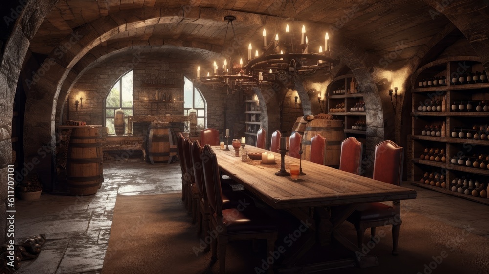 Rustic underground bunker with wine cellar and dining area. Generative AI.