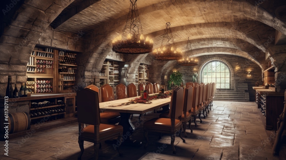 Naklejka premium Rustic underground bunker with wine cellar and dining area. Generative AI.
