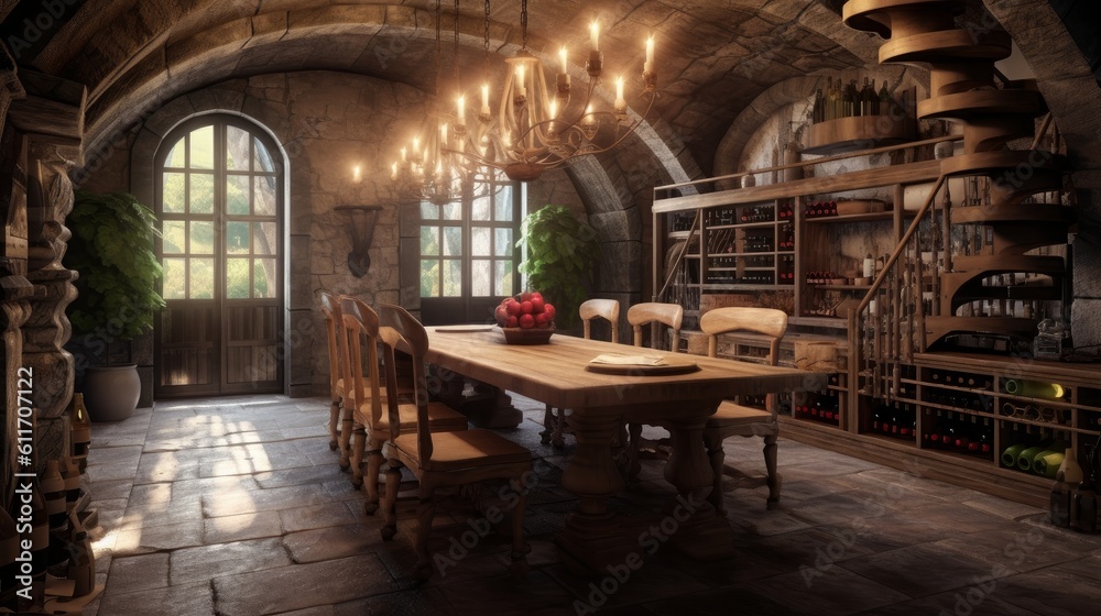 Rustic underground bunker with wine cellar and dining area. Generative AI.