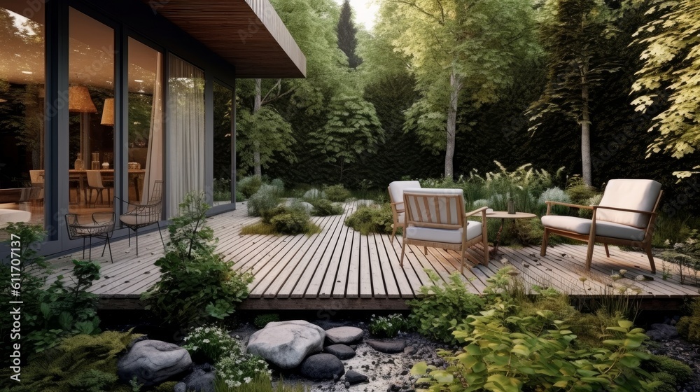 Scandinavian Style Patio with Wooden Deck and Minimalist Furniture. Generative AI.