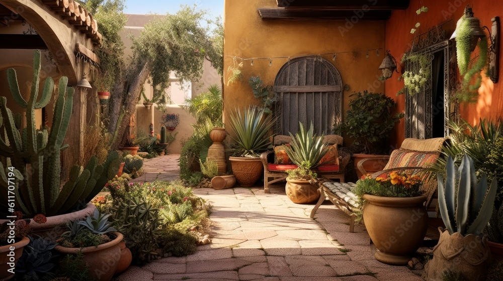 Southwestern Style Patio with Adobe Walls and Succulent Garden. Generative AI.