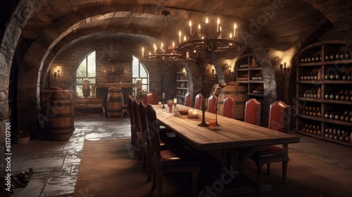 Rustic underground bunker with wine cellar and dining area. Generative AI. © bomoge.pl