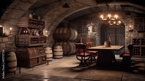 Rustic underground bunker with wine cellar and tasting room. Generative AI.