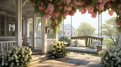 Southern Style Patio with Porch Swing and Flowering Trees. Generative AI.