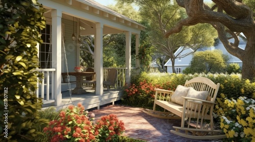 Southern Style Patio with Porch Swing and Flowering Trees. Generative AI.