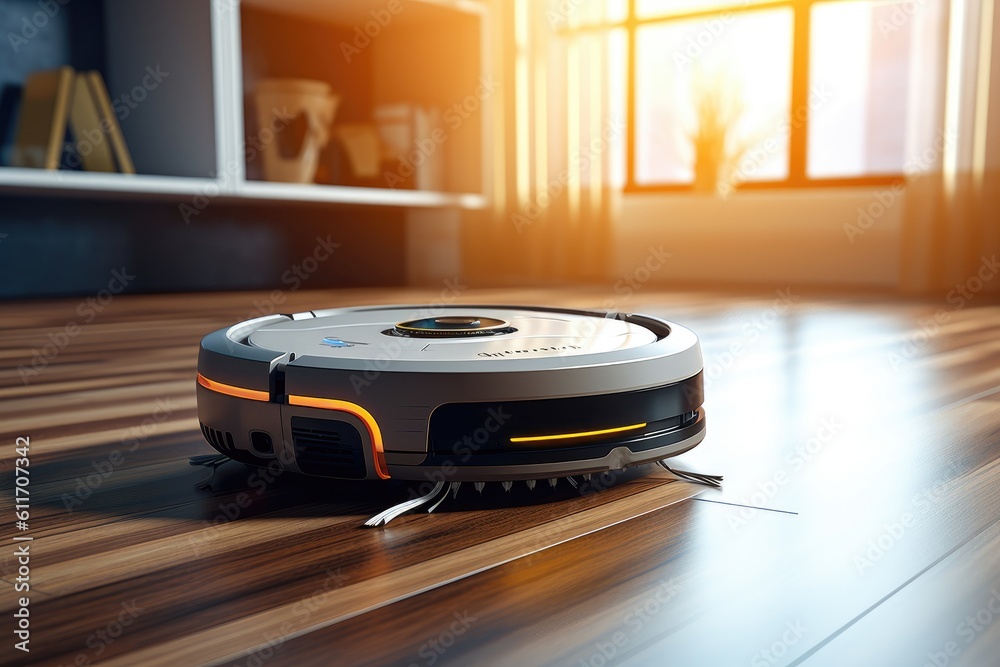 Photo of a robot vacuum cleaner sweeping and cleaning floors in the room. Generative AI Photo of a robot vacuum cleaner sweeping and cleaning floors in the room. Generative AI