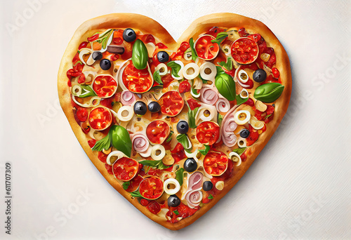 Tasty pizza in a heart shape with mushrooms, salami, pepperoni, olives, corn .The top view. Generative Ai