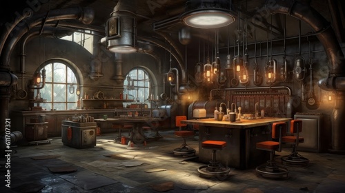 Steampunk underground bunker with laboratory and workshop. Generative AI.