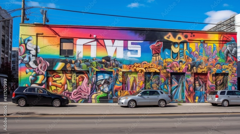 Urban LGBTQ Pride Mural with Bold Typography and Cityscape Background. Generative AI.