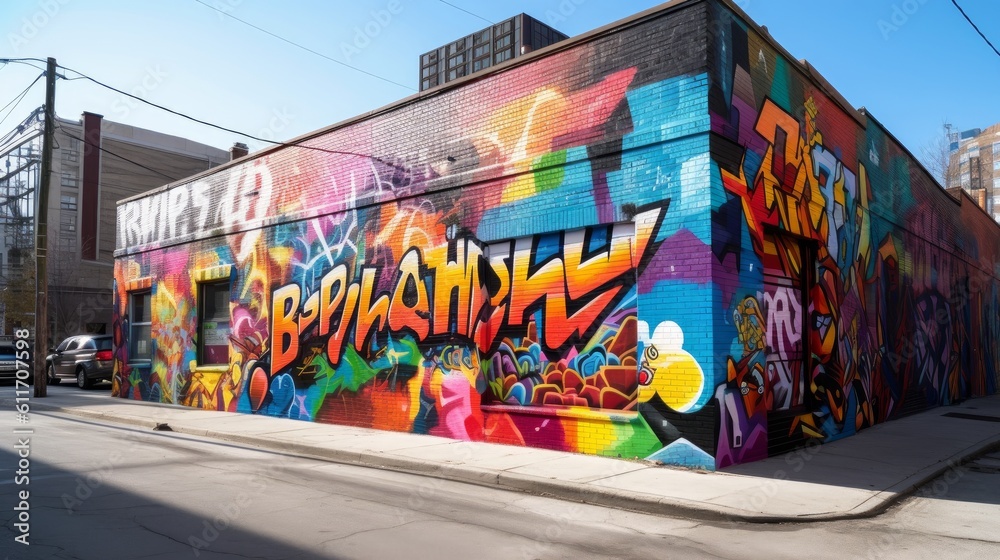 Urban LGBTQ Pride Mural with Bold Typography and Cityscape Background. Generative AI. Urban LGBTQ Pride Mural with Bold Typography and Cityscape Background. Generative AI.