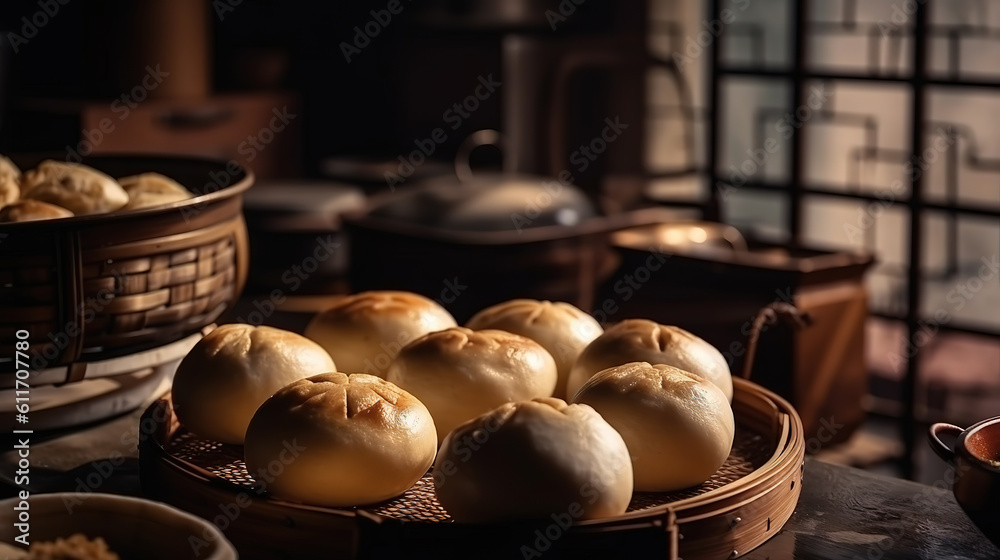 Steamed dumpling or chinese bun. Generative Ai