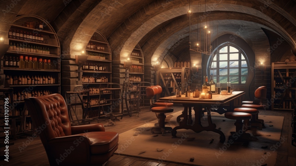 Victorian underground bunker with wine cellar and tasting room. Generative AI.