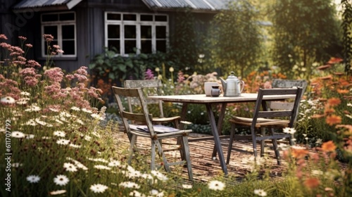 Vintage Country Style Patio with Wooden Furniture and Wildflowers. Generative AI.