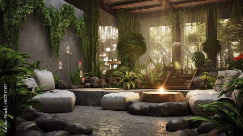 Zen underground bunker with meditation room and garden. Generative AI.