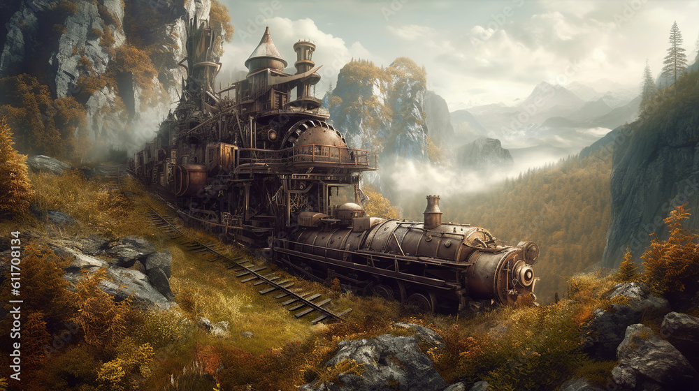 Fototapeta premium steam trainboat, generative, ai, steampunk, retro, vintage