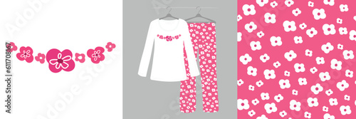 Floral graphic design doodles on white background. Seamless pattern for children, girls, women. Women's, designer pajamas. Vector illustration.