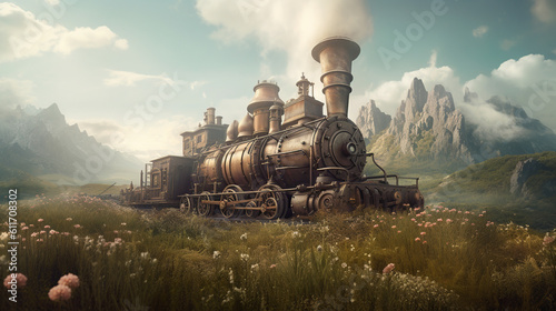 steam trainboat, generative, ai, steampunk, retro, vintage