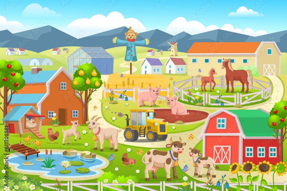 Farm panorama with a greenhouse, barn, houses, mills, fields, trees and farm animals.Big scene with farm animals for kids.Vector illustration in cartoon style.