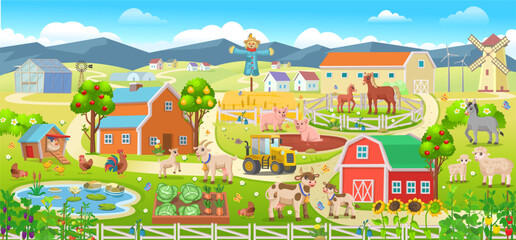 Fototapete Bauernhof Bauernhof Panorama mit Gewächshaus und Mühlen  © NADEZHDA